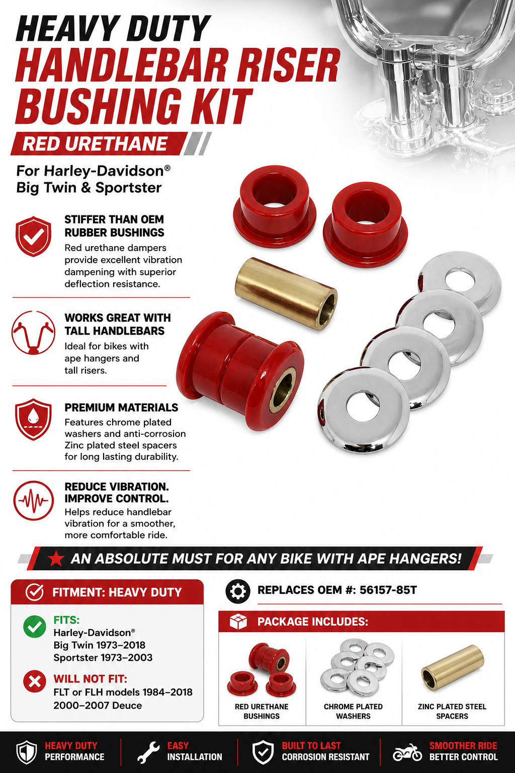 Heavy Duty Handlebar Riser Bushing Kit – Red Urethane – Harley-Davidson Big Twin & Sportster