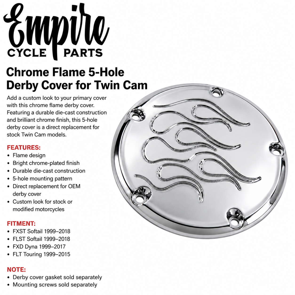 Chrome Flame 5-Hole Derby Cover for Twin Cam Models