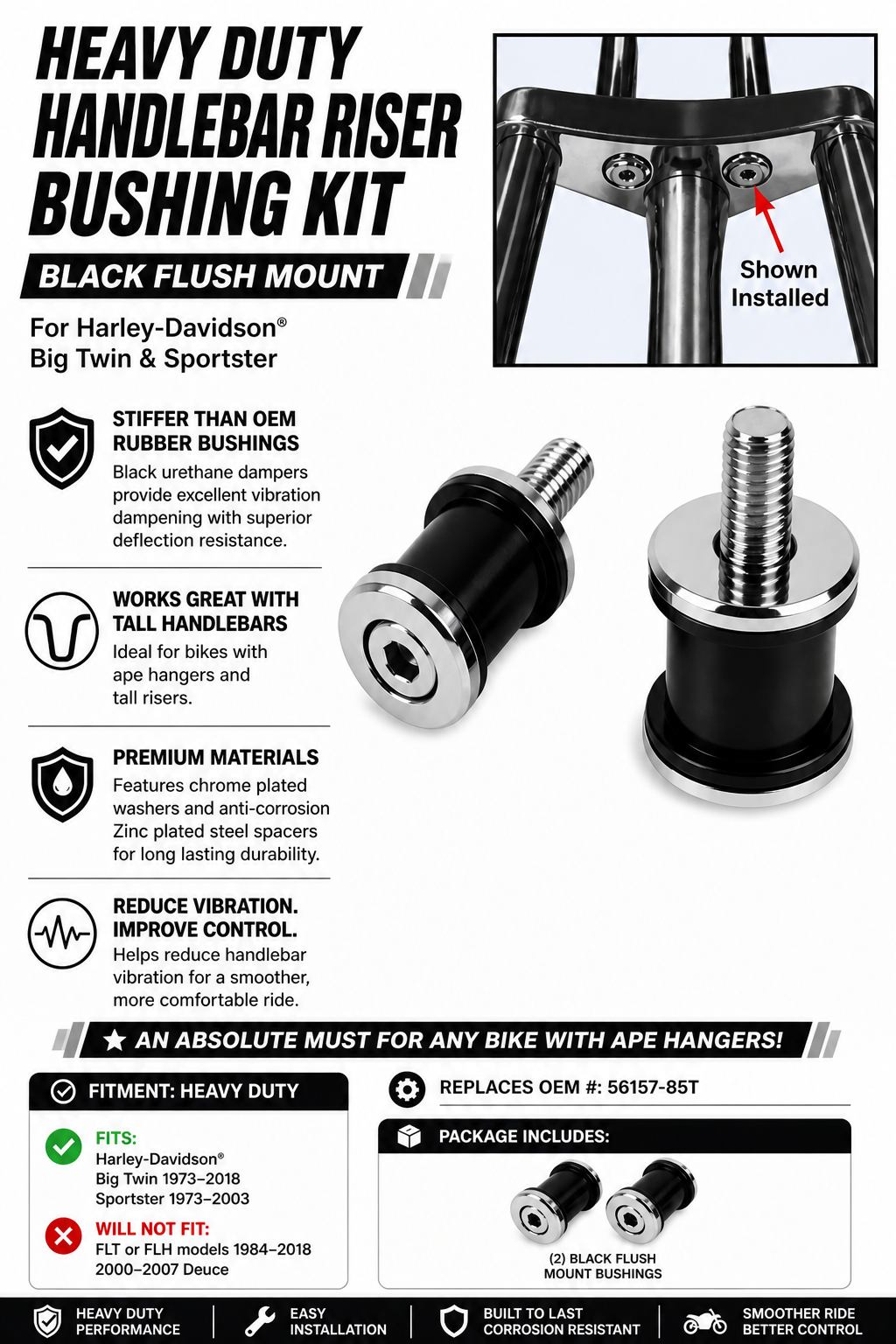 Handlebar Riser Bushing Kit – 1/2"-13 Black Flush Mount - Big Twin & Sportster
