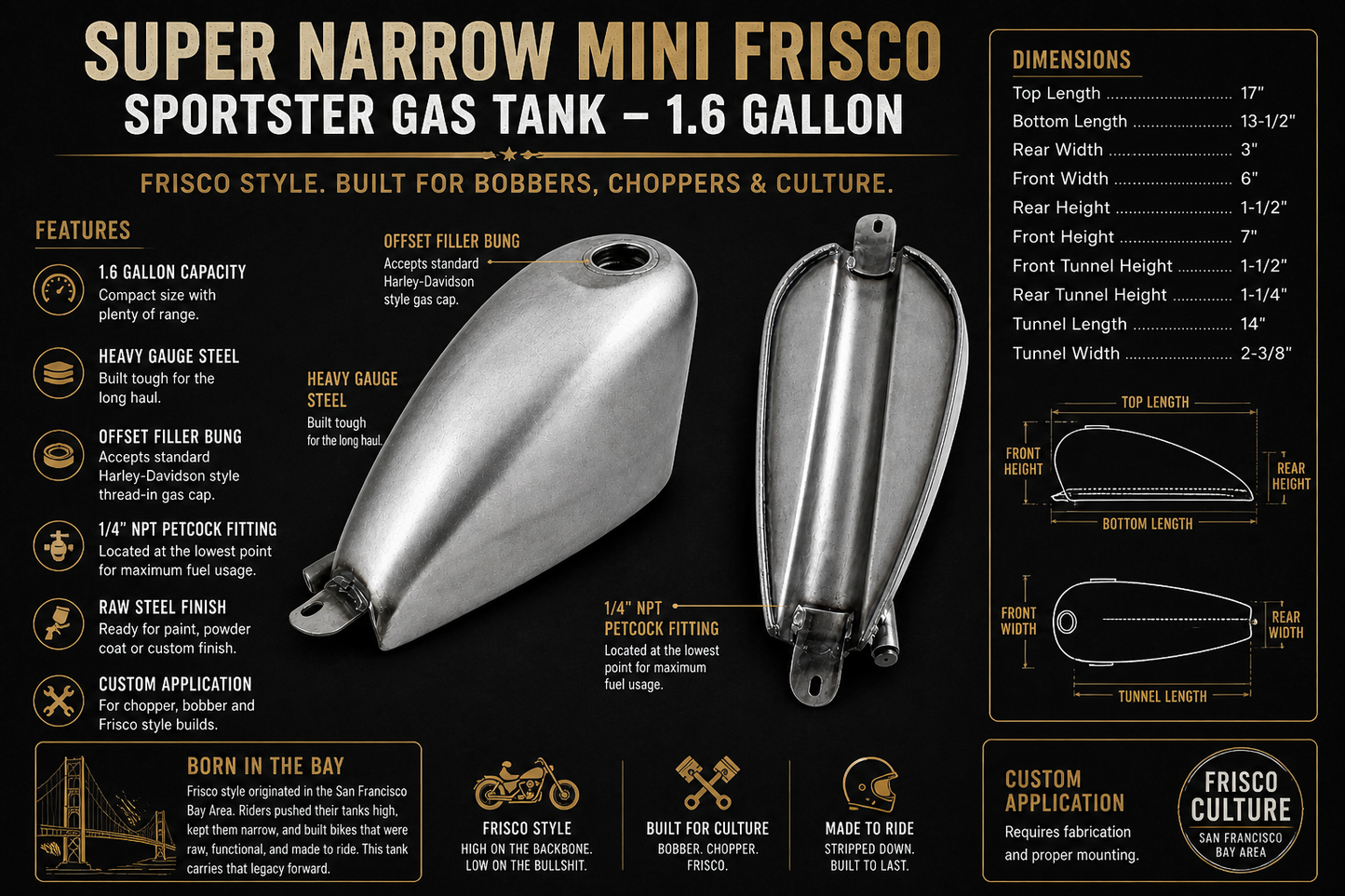 Super Narrow Mini Frisco Sportster Gas Tank – 1.6 Gallon